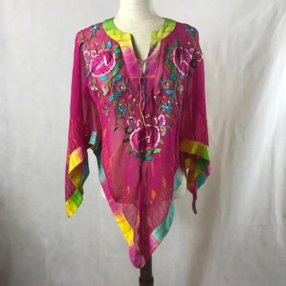 NWT Tashia London Silk Pullover V-neck Sheer Poncho with Embroidery Size M